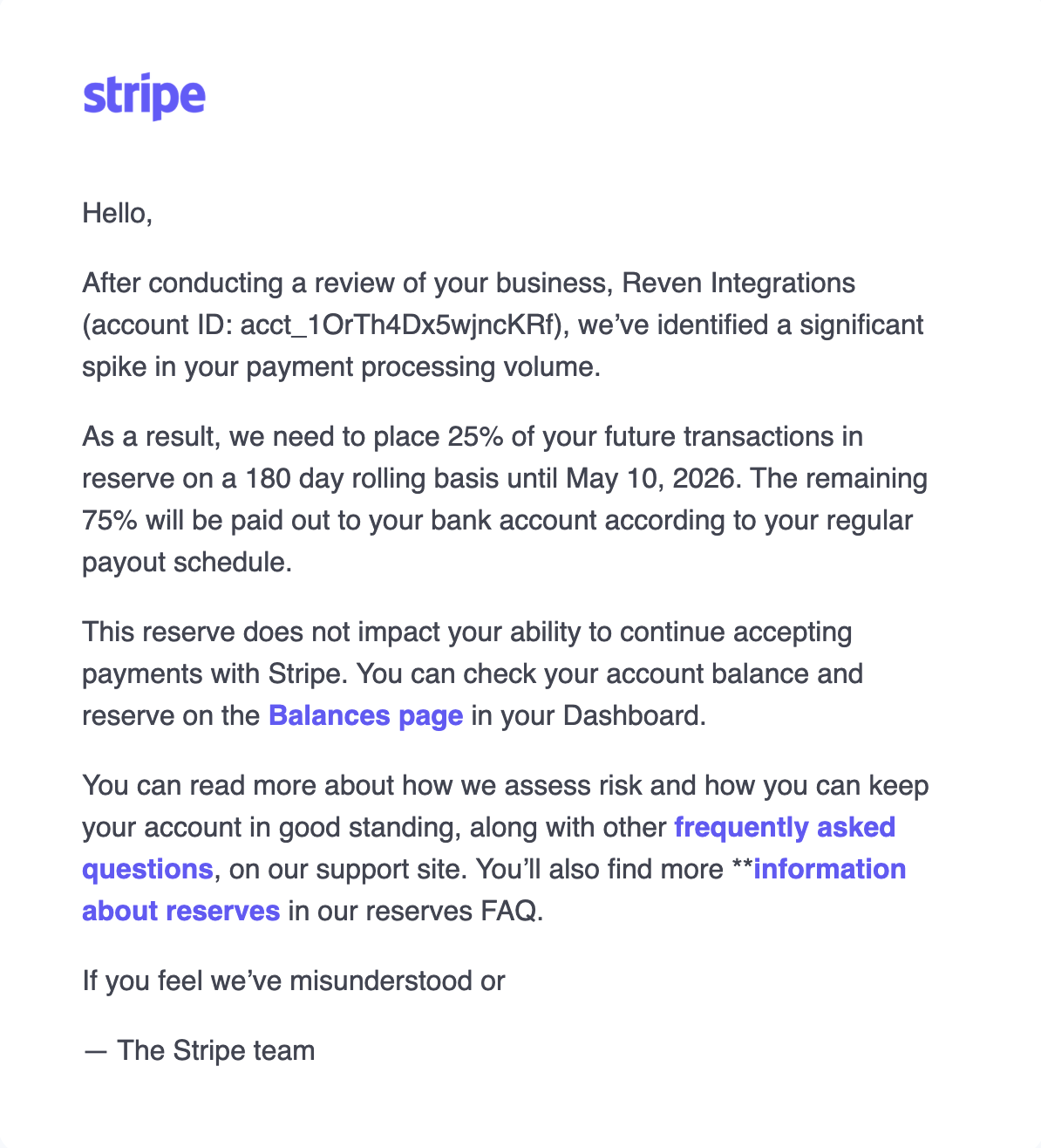 Email from Stripe: 25% of transactions held in reserve on a 180-day rolling basis